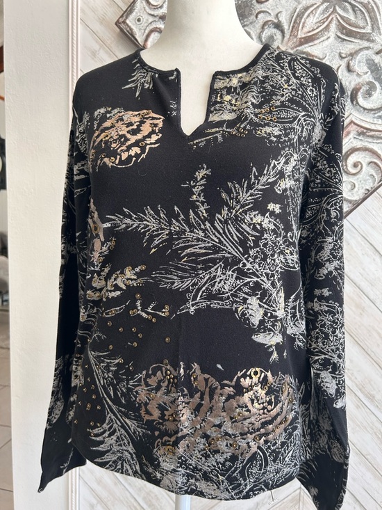 Tops - Sz 1 Chico's Knit Jersey Top Blouse Long Sleeve Henley Black w/ Metallic Bead